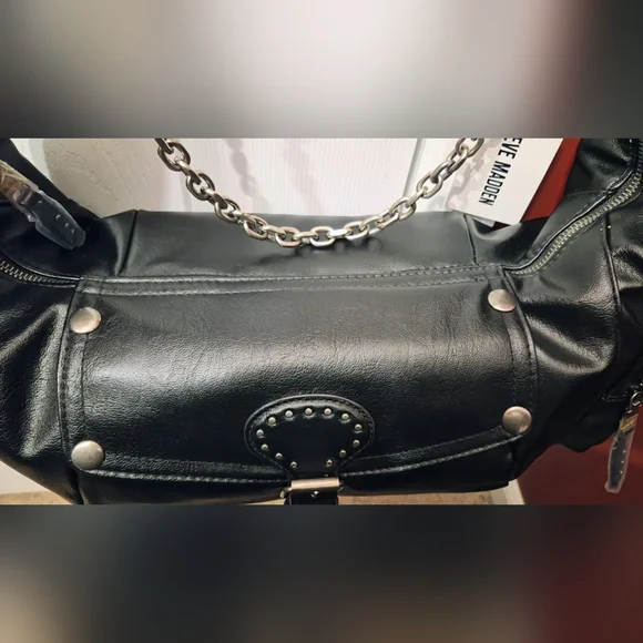 NWT Steve Madden BBRONX Satchel - Black Moto Studded Bag with Chain - Picture 6 of 15